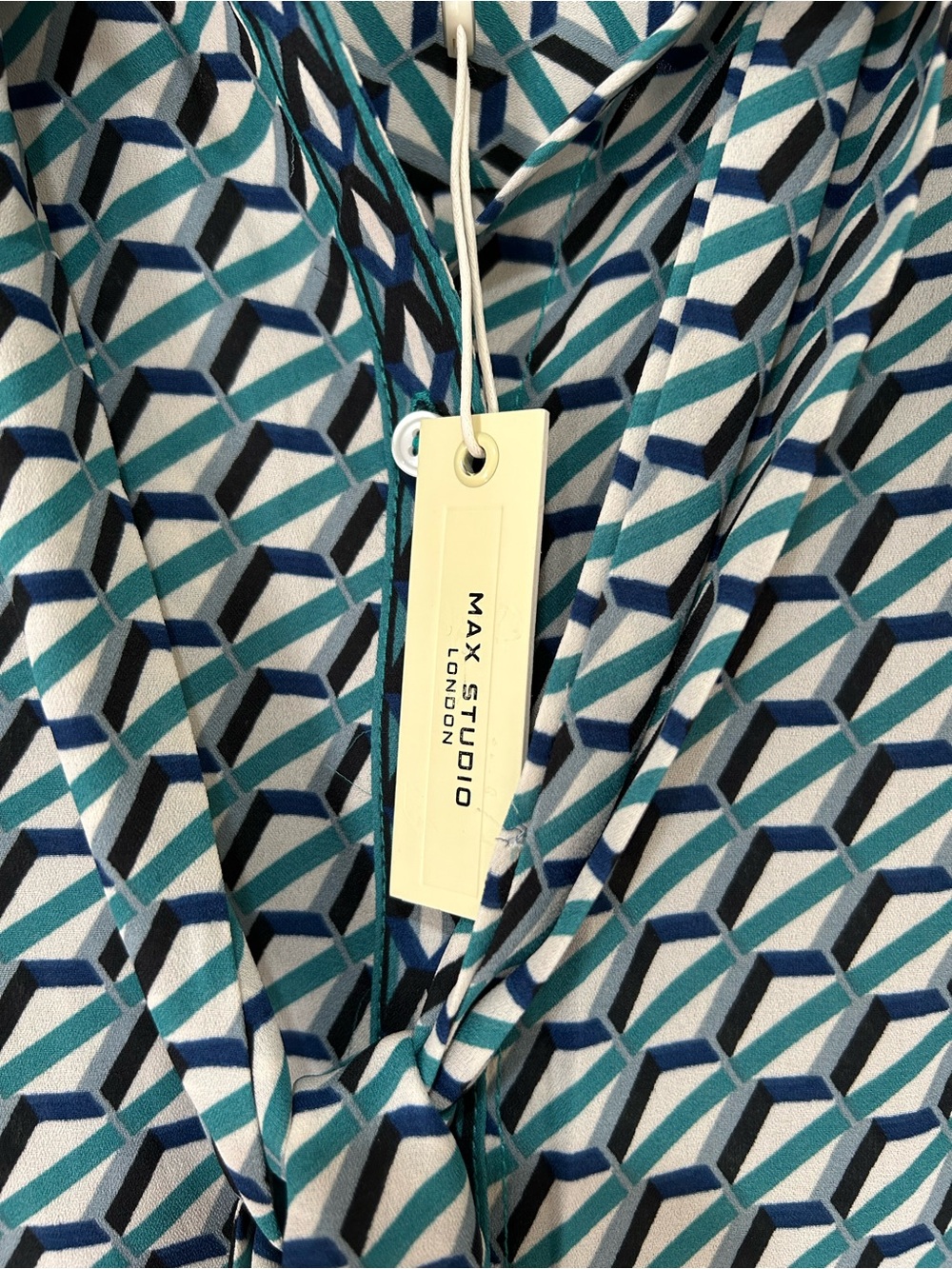 Max Studio Teal, Navy and White Geometric Tie-Neck Button-Down Blouse Top - NWT - Picture 3 of 14